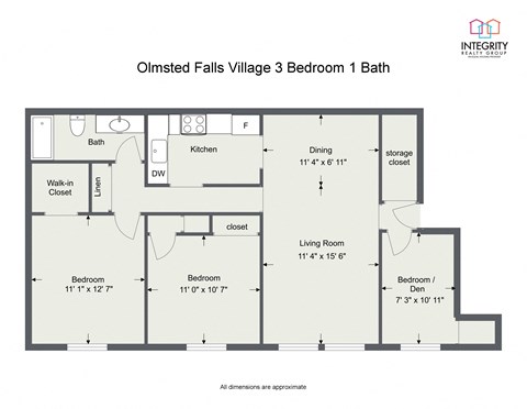 Floor plan for 3 beds, 1 bath, 1250 sqft